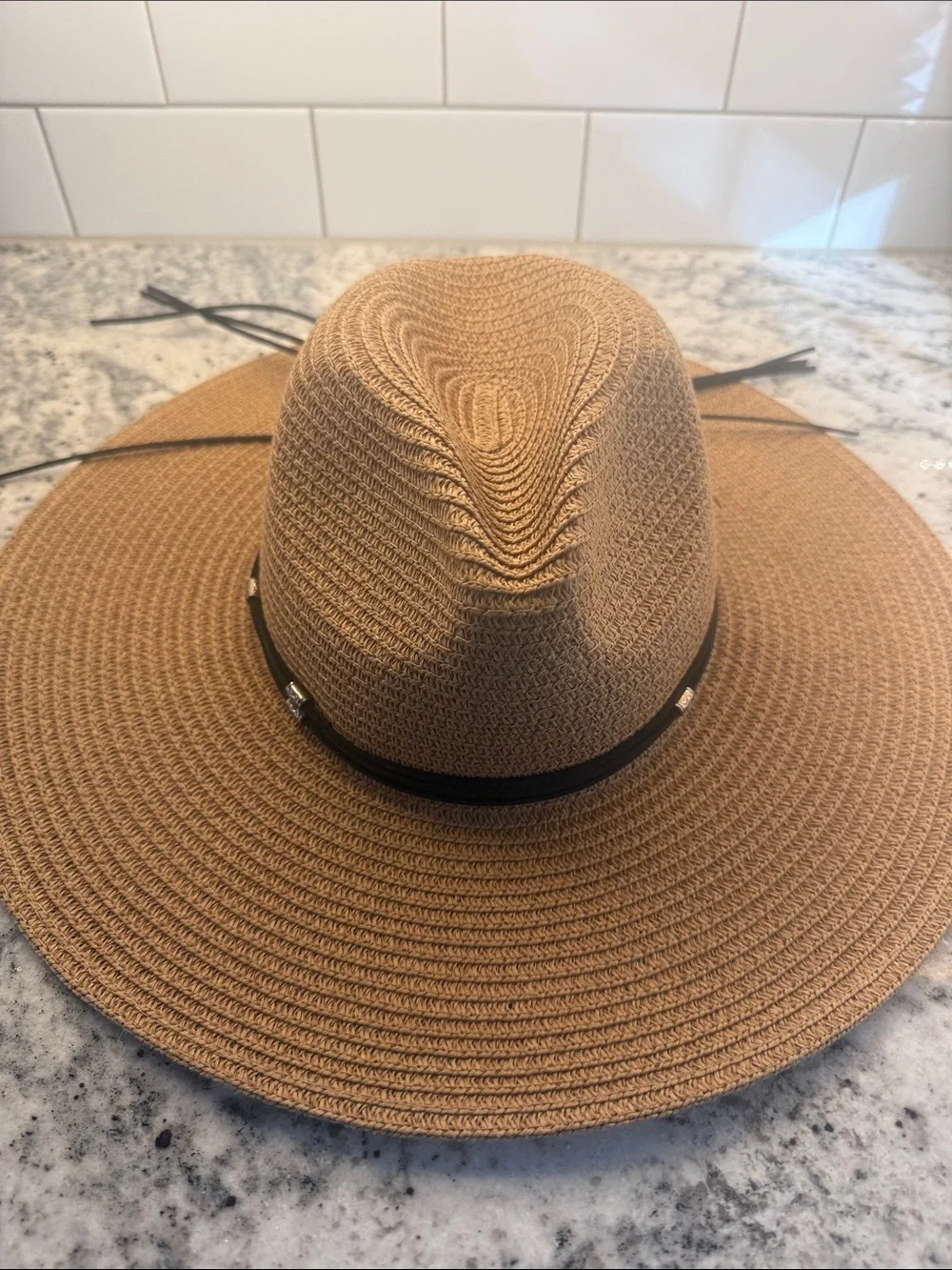 Vince Camuto Tan Straw Sun Hat with Black Band